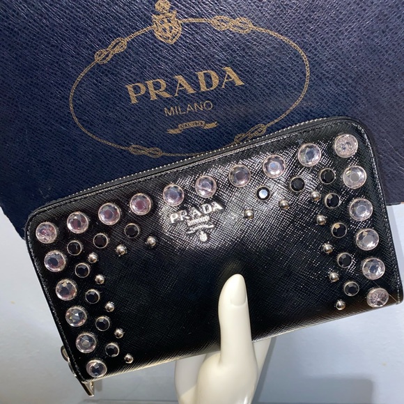 Prada Handbags - Prada Black Crystal Embellished Zip Around Wallet